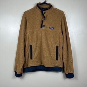 Patagonia Men's Shearling Button Pullover Bear Brown New Navy Blue - Small